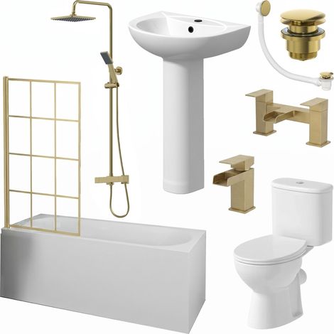 Complete Bathroom Suite Brass Bath Shower Screen Basin Pedestal Taps Toilet 1700