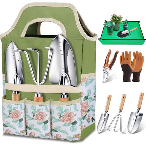 Kit Jardinage 7 en 1 avec Poignée Bois Anti-Dérapante, Outils Jardin Professionnels Acier Inoxydable avec Tapis de Rempotage, Sac de Transport, Cadeau Pratique pour Jardinière/Mère (1/5)