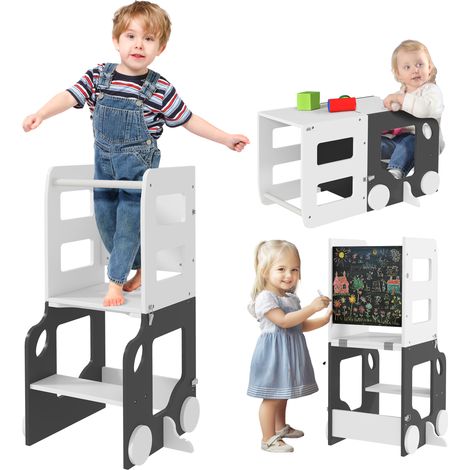 Scala Montessori 4 in 1 con Lavagna e Set Tavolo Sedie Legno Bianco 58x46x92cm