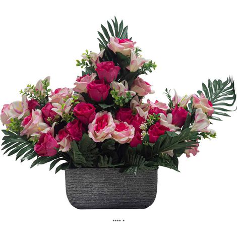 Devant de tombe pot Béton fleurs artificielles pour le cimetière H 45 cm Lg 54 cm Fushia - couleur: Rose fushia 730