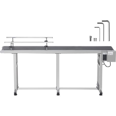 Convoyeur à bande 71x7,8 po, table motorisée en acier inoxydable, bande PVC antistatique à vitesse réglable, double rail de guidage pour applications de codage à jet d'encre. (1/5)