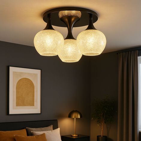LED Deckenlampe Kristalle Wohnzimmerleuchte Deckenleuchte rund Glaskugel Schlafzimmer, Metall schwarz chrom, 3x 6,5W 806Lm warmweiß, DxH 45x27,5 cm
