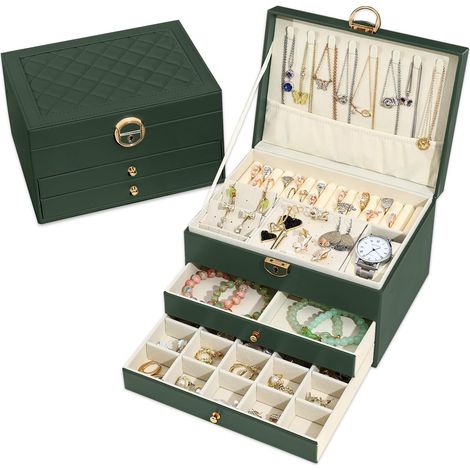 Boîte à bijoux, Organisateur de bijoux avec 2 tiroirs, Boîte de rangement de bijoux en cuir à 3 couches avec serrure, Coffret à Bijoux pour collier, d'oreille, bracelet, Vert foncé