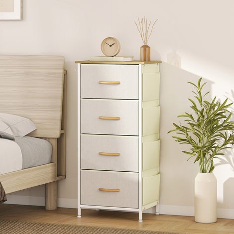 Cassettiera in tessuto beige con 4 cassetti, 4 tasche laterali, 2 ganci e struttura in acciaio.