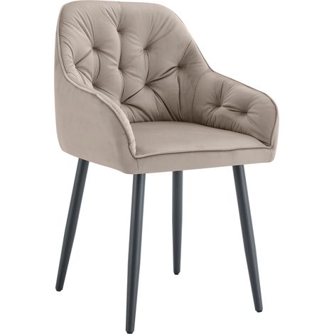 Lot 2 Chaises Salle à Manger Jade Accoudoirs Velours Taupe Pieds Métal Noir 53,5x53x84cm (1/4)