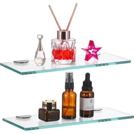 2PCS Etagere Salle de Bain Verre, 6mm x 30cm, Murale, Verre Trempé Tablette Salle de Bain Clair, Etagere Murale Salle de Bain Verre pour Salle de Bains, Recevoir, panneaux de verre est de 5 kg (1/5)