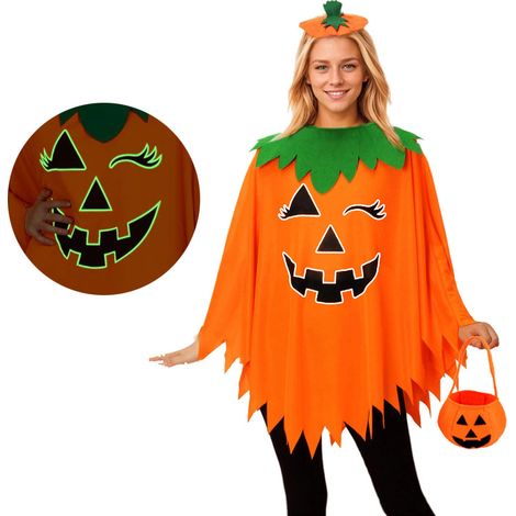 Ensemble de déguisement de citrouille d'Halloween phosphorescente pour femmes et enfants, comprend un poncho, un bandeau et un sac (1/5)