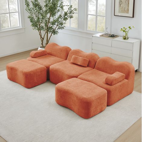 Canapé modular en U de terciopelo naranja, 3 plazas, con 2 otomanas y asiento profundo (1/5)