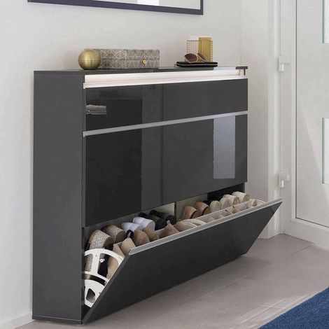 Dmora Range-chaussures moderne, Made in Italy, avec 2 portes et 1 porte abattante, Range-chaussures d'entrée, 120x27h108 cm, couleur anthracite brillant, avec emballage renforcé (1/5)