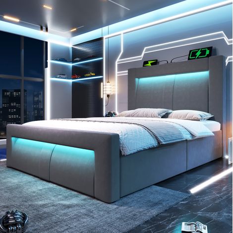 lit adulte rangement LED 90x200 velours gris OKMYHOME (1/5)