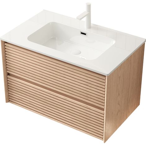 Mueble de baño suspendido 81 cm con lavabo cerámico blanco y 2 cajones nogal HOMVRA (1/5)