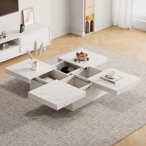 Table Basse Carrée Moderne Effet Marbre - 90x90x25cm - Table de Salon Basse Coulissante avec 4 Tiroirs - Blanc (1/5)