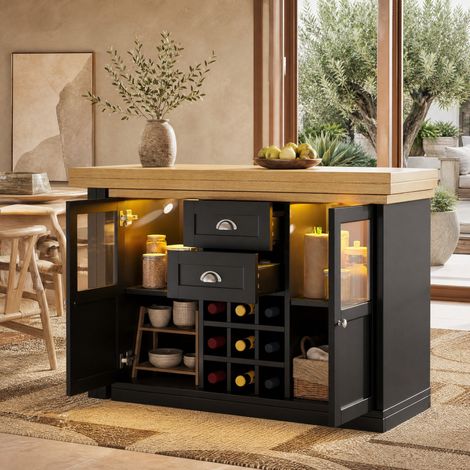 Tavolo da pranzo allungabile nero, LED 3 colori, 120-197 cm, rotazione 360°, portabottiglie (1/5)
