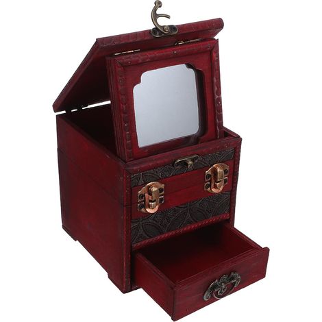 Retro 3-Layer Wooden Jewelry Box with Mirror and Drawer (1/5)
