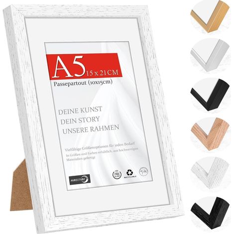 Bilderrahmen A5 (14,8x21cm) Naturholz Weiß mit Passepartout 10x15cm (1/5)