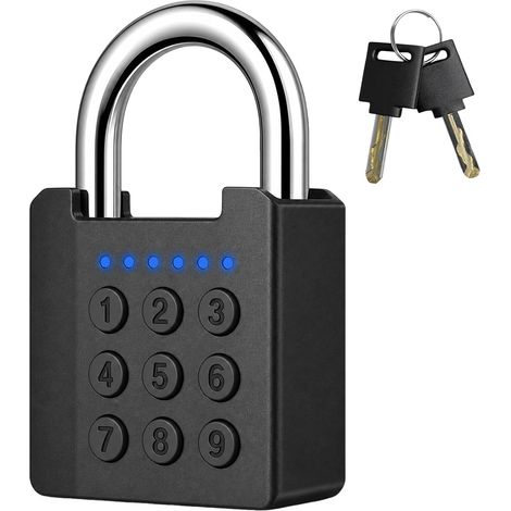 Cadenas Code 6 Chiffres, IPX5 Cadenas, Anneau Verrou 8 mm, 2 Clés Double Déverrouillage, Corps Zinc Massif Anti-Effraction, Touches Directes, Batterie 210 mAh (1/5)