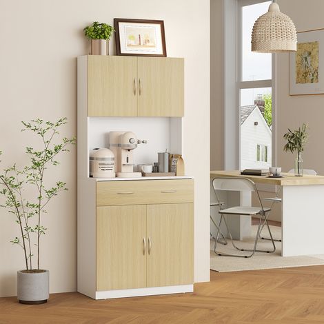 180 cm hoher Küchenschrank mit 2 Türen und Schublade, hohes Küchen-Sideboard aus Holz mit verstellbaren Einlegeböden, für Küche, Esszimmer und Wohnzimmer, 80 x 40 x 180 cm, Holz und Weiß