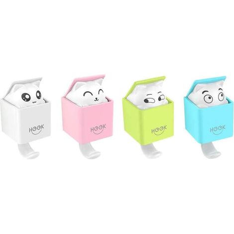 Pack of 4 Animal Adhesive Hooks, Creative Cat Children's Decoration Plastic Wall Towel Hooks, 2kg(max) for Living Room, Bathroom, Kitchen, Keys, Bags, Hats (Pink, Green, White, Blue) (1/5)