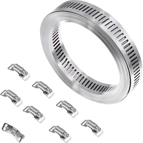 Abrazadera de manguera ajustable de acero inoxidable, 3 m de largo, con mecanismo de tornillo sin fin y 8 fijaciones. (1/5)