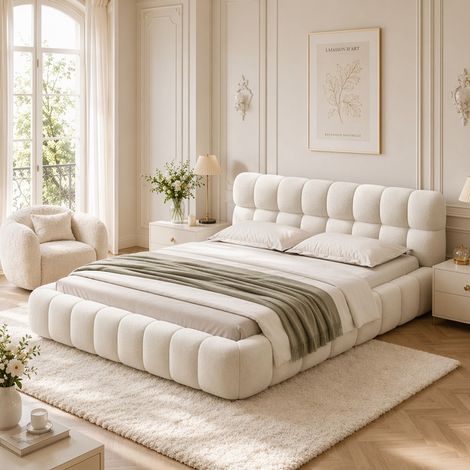 Lit 140 x 190 - Lit double 140 x 190 - Lin beige - Lit capitonné avec dossier moelleux - Lit adulte style scandinave - Sommier à lattes