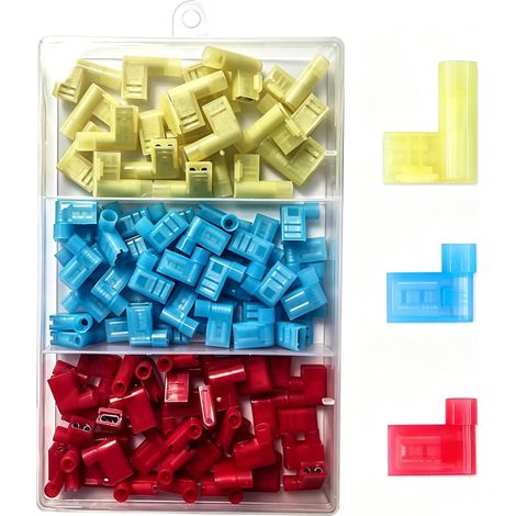 100pièces 90Degrés Nylon Entièrement Isolée Drapeau Terminal, Rapide Déconnecte Terminal Femelle, F Type Pousser Connecteur Electrique 12-10AWG/ 22-14AWG (Rouge 40, Bleu 40, Jaune 20) (1/5)