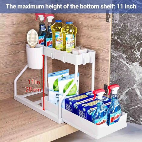 (Blanc-A) Organisateur de rangement sous évier à 2 niveaux, gain de place, boîte de rangement coulissante, grande capacité, indispensable pour la cuisine et la salle de bain. (1/5)