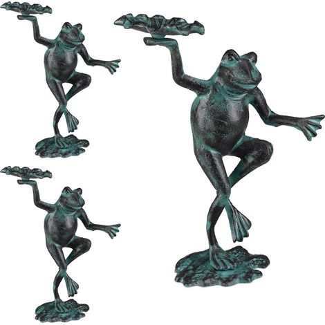 Statue de jardin, lot de 3, grenouille dansante, fonte fer, sculpture, figurine de jardin, taille M, décoration, vert