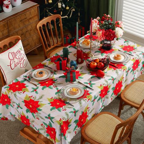 Nappe de Noël Anti Tâches Rouge - Taille : Rectangulaire 180x150cm - Père Noël / Sapin de Noël / Fleur de Noël - Nappe de Noel pour Intérieur ou Extérieur - Table à Manger, Cuisine ou Jardin