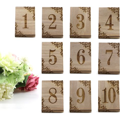 Numéros de Table en Bois Luxueux Modèle Classic - Ensemble de 10 avec Base et Support Intégrés - Design Cérémonie Mariage et Réception - Dimensions 13.5x9x5cm pour Décor Table (1/5)