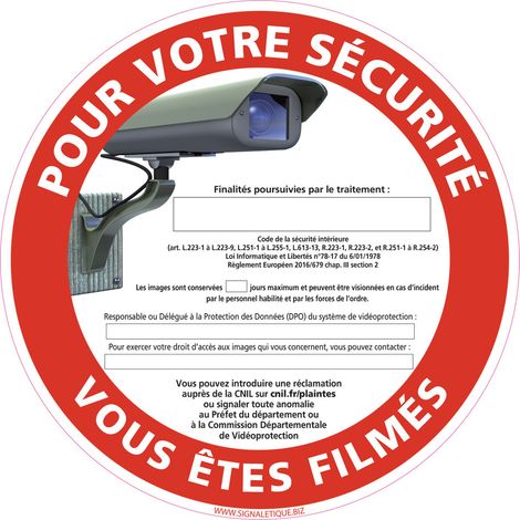 PANNEAU POUR VOTRE SECURITE VOUS ETES FILMES (G1206) - Plastique PVC 1,5 mm - Diamètre 350 mm