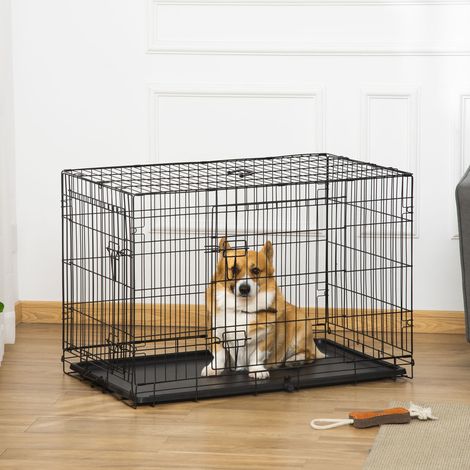 Lot de 2 cages pour chiens caisse de transport pliante pour chien en acier noir 92 x 57 x 62,5 cm (1/5)