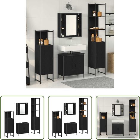 vidaXL Spiegel Schrank - Badezimmermöbel-Set mit Regal 4 pcs Schwarz Holzwerkstoff (1/5)