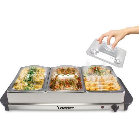 BEPER P101TEM002 Buffet-Speisenwärmer, hält Speisen warm, 4 herausnehmbare Tabletts + Warmhalteplatte, einstellbares Thermostat und wärmeisolierende Griffe, ideal für Partys und Veranstaltungen (1/5)