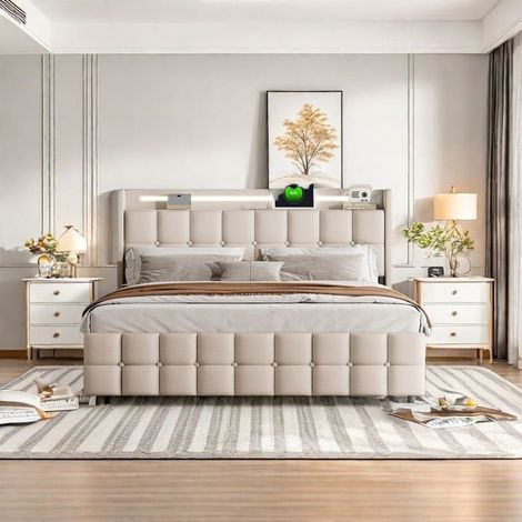 Cama 180 x 200 cm Cama doble tapizada con somier de lamas, cama para adultos con iluminación LED y USB, 4 cajones, Lino, Beige (1/5)