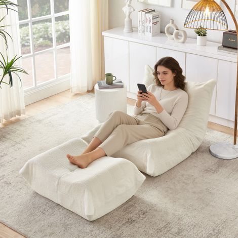 Canapé de détente avec dossier et repose-pieds – Fauteuil relax – Pouf de sol moelleux en fourrure « Teddy » pour la lecture – Canapé de sol individuel et confortable pour salon, chambre, bureau ou ap