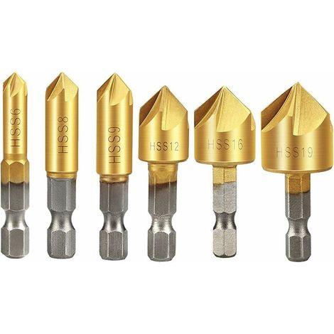 Fraises a Bois 6pcs Fraise Conique 90° HSS, Fraise à Chanfreiner Carbure, 6mm, 8mm, 9mm, 12mm, 16mm, 19mm Lefou (1/5)