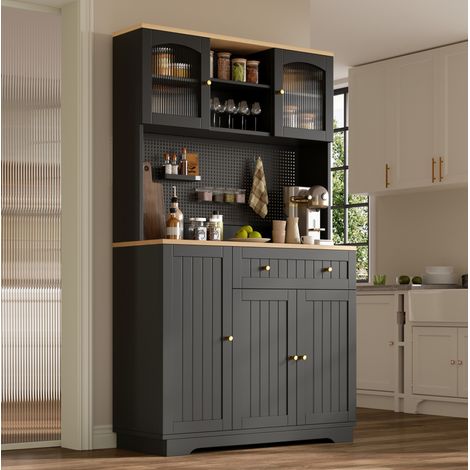 Credenza alta 103.5x40x180 cm con vetrina, ripiani regolabili, pannello forato, cassetto, truciolato nero (1/5)