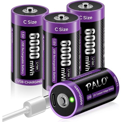 Pile Lr14 Rechargeable USB-C 1,5V 6000Mwh Pile C Lithium à Charge Rapide de Type C avec Câble de Charge, Faible Autodécharge, 1500+ Cycles, avec Lumière de Charge, 4 Piles (1/5)