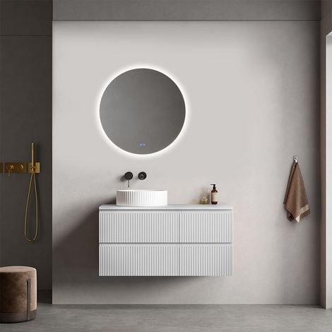 Mobile bagno sospeso cannettato reversibile  100 cm Bianco Opaco per Lavabo d'appoggio Specchio Tondo Retroilluminato - Fiji Paint Top Canneté (1/4)