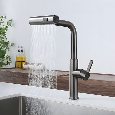 Multifunktionale Küchenarmatur mit ausziehbarem Brausekopf, aus Edelstahl, Wasserfall-Design, grau.
