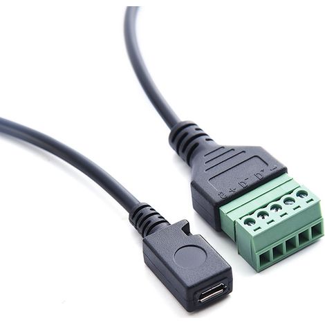 5-adriges lötfreies Lade- und Datenübertragungsverlängerungskabel mit 5-poligem Micro-USB-Buchsenstecker auf grüne Klemme und Anschlussschraube. (1/5)