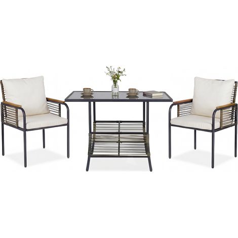 Ensemble Bistro de Terrasse en Rotin 3 pièces, Salon de Repas avec Coussins, Table Rectangulaire et Chaises en Rotin pour Balcon, Véranda, Beige (1/5)