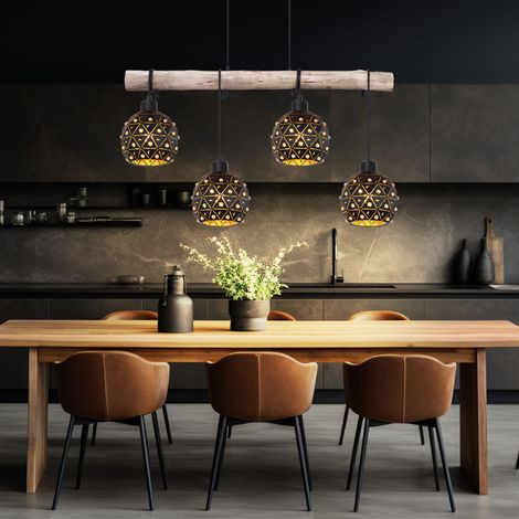 Vintage Pendelleuchte Hängelampe Holz Esstischlampe Retro Hängeleuchte mit Holzbalken, Metall schwarz, 3 x E27 Fassung, LxBxH 50x14x140 cm