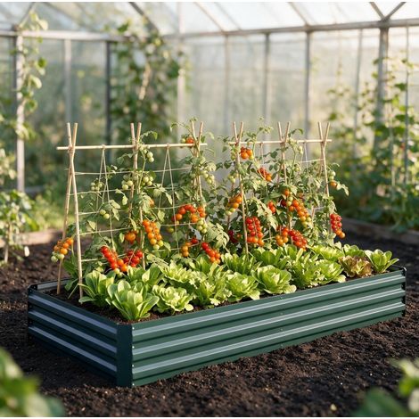 Cassone per orto rialzato rettangolare 241 x 90,5 x 30 cm in acciaio, verde scuro DESVIAE