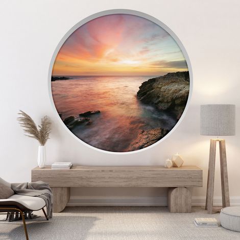 Stickers Trompe l'oeil Arche ronde - Vue mer couché de soleil - Diamètre 30 cm (1/4)