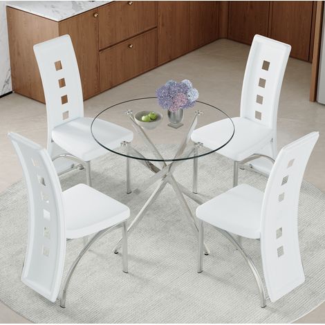 Set tavolo e 4 sedie da pranzo 88x88x75 cm, vetro temperato e sedute ergonomiche, metallo PU, trasparente bianco argento (1/5)
