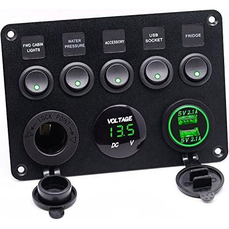 12V 5 Gang Interruptor Control Panel Switch With Dual USB Socket With Waterproof Digital Voltmeter With Cigarette Lighter (Green) (1/5)