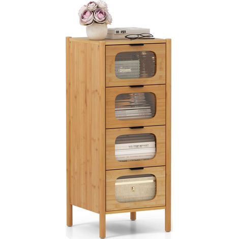 COSTWAY 4-Drawer Dresser Bamboo Storage Cabinet w/Fluted Tempered Glass Drawers (1/5)