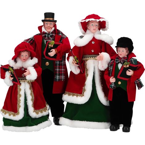 Famiglia di cantori con vestiti colore rosso e verde decorazione natalizia set 4 pezzi -68 cm