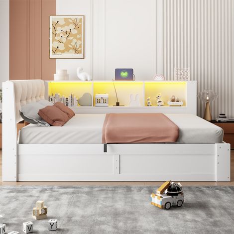 Lit banquette coffre 140x200cm - Hydraulique LED USB étagère - Bois/Panneaux - Blanc (1/5)